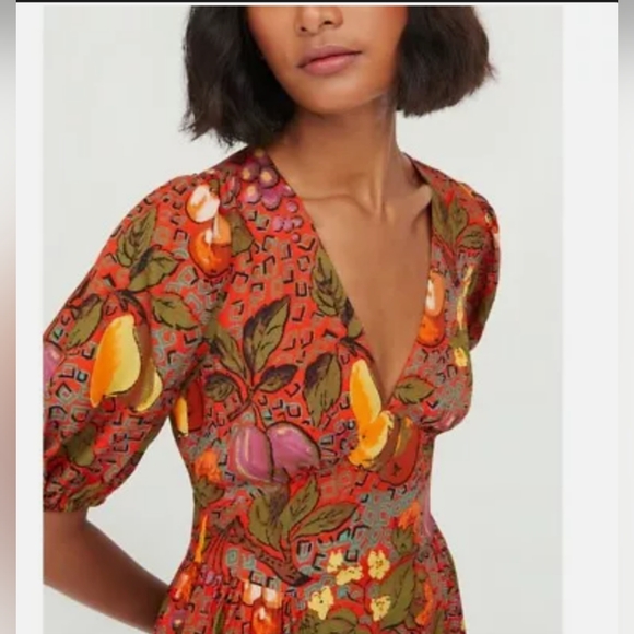 RHODE Dress Womens Size 6 Midi Fruits Floral Viscose V-Neck Red Pockets Boho - Picture 2 of 5